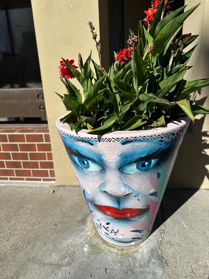 A whimsical potted leafy plant with red blossoms, the pot painted with a face with huge blue eyes and red lipstick.