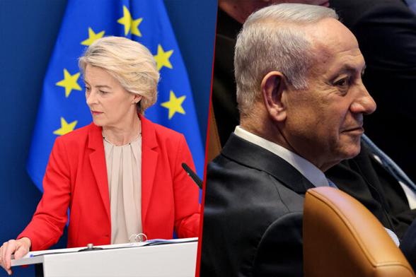 Ursula von der Leyen et Benjamin Netanyahu. © Photomontage Mediapart avec AFP