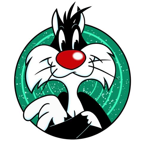 Anthropomorphic black and white cat with a red nose standing in a circle with his arms cross. The circle is green with a number of lighter green concentric circles within it.