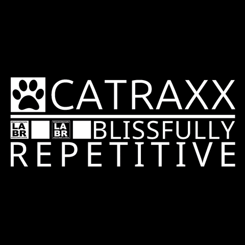 Back & White show log. With a picture of a black cat's paw on a white background. Entire logo has a background, with the words "Catraxx - Blissfullly Repetitive" In side two of the 4 squares, are the LABR Logo's with the hashtags and website on them top and bottom. One white on black, and one black on white.