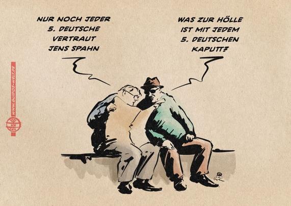 Illustration zweier Männer die eine Zeitung lesen. der eine liest vor: Nur noch jeder 5. Deutsche vertraut Jens Spahn. Der andere entgegnet: Was zur Hölle ist mit jedem 5. Deutschen kaputt?