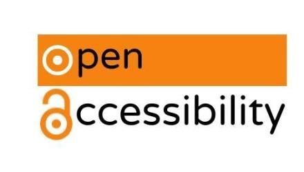 The image displays the words 'open accessibility' with a stylised design. 'Open' is in black text on an orange background, and 'accessibility' is in black text on a white background. Each word is preceded by an icon resembling an open padlock with concentric circles inside.