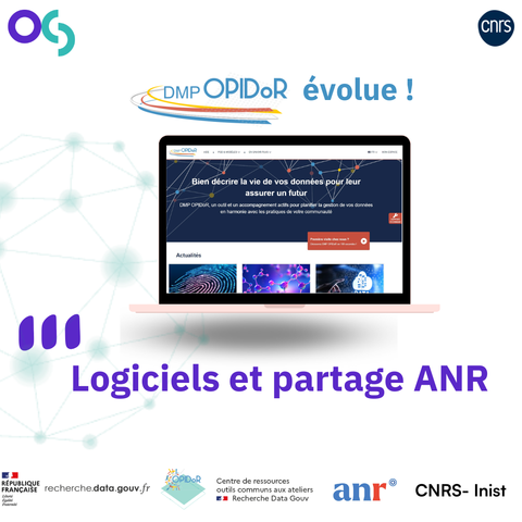 Image de DMP OPIDoR et logos MESR Recherche Data Gouv ANR et CNRS-Inist