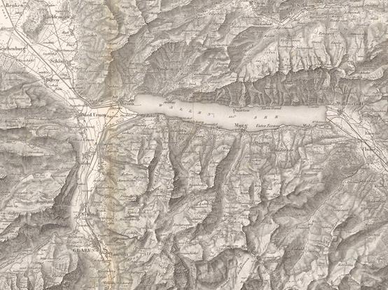 Ausschnitt aus einer topografischen Karte. Der Ausschnitt zeigt den Walensee, die Churfirsten und Glarus.