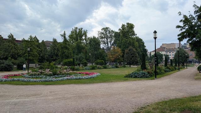 A beautiful park underneath grey sky.
