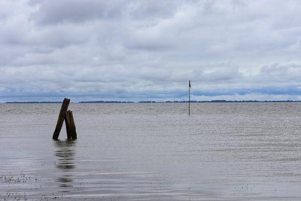 A tranquil wide shot of the North Sea near Fedderwardersiel under a cloudy sky. Two weathered wooden posts, forming an "A" shape, emerge from the calm, grey water on the left, casting subtle reflections. Further to the right, a lone, slender pole with a small flag or marker stands upright in the water. The distant horizon shows a faint line of land or trees under the vast, overcast sky, which dominates the upper half of the image with layers of grey clouds.
