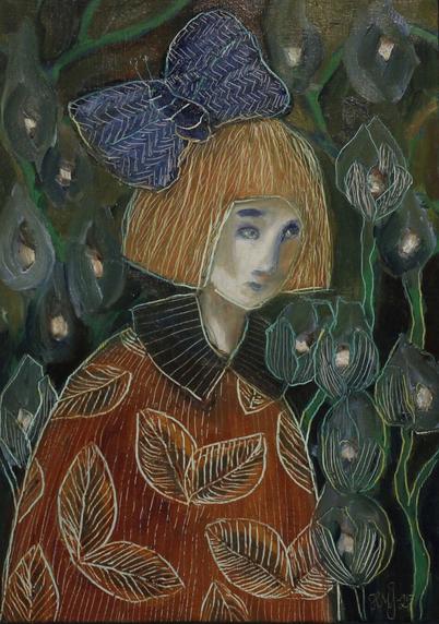 The same small oil painting on wood 28.4 cm x 20 cm as in the previous post, but now also using the sgraffito technique. The title of the work is "Pearl herself". The work is about growing as a person, developing, noticing and appreciating all the good in oneself; as we search for the beauty and happiness of life. - By stopping and becoming silent with one's own self, one can find its greatest treasure. The colors of the work are earthy, depicting a connection with nature.