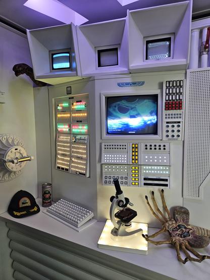 Some recreations of the electronics from the first Alien movie with a dead face hugger on the counter