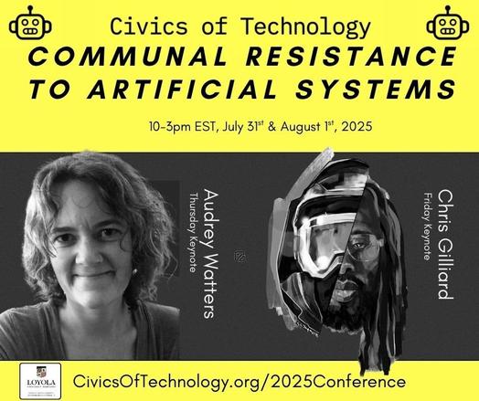 Poster with conference information. Audrey Watters to the left and Chris Gillard to the right, in black and white tone, as keynotes.