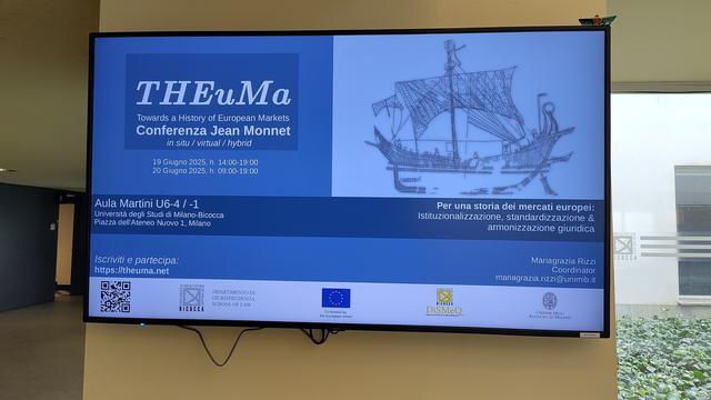 THEuMa conference announcement screen at the University of Milan - Bicocca.