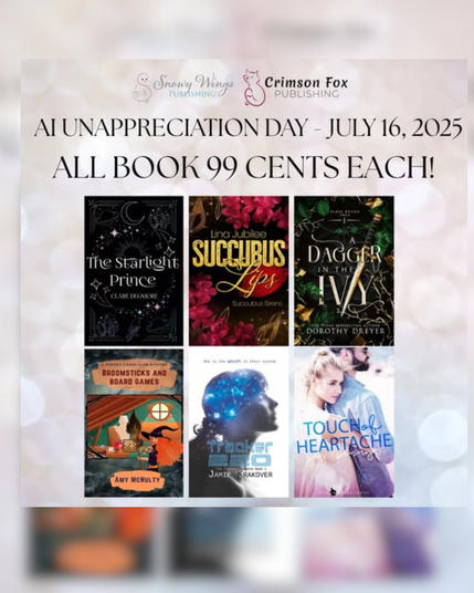 Promo for AI Unappreciation Day on July 16, 2025, featuring six book covers and text stating all books are 99 cents. Includes logos for Snowy Wings Publishing and Crimson Fox Publishing.