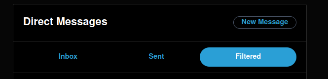 screenshot from pixelfed showing: Direct Messages New Message  and Inbox, sent and the Filtered button. the filtered button is selected
