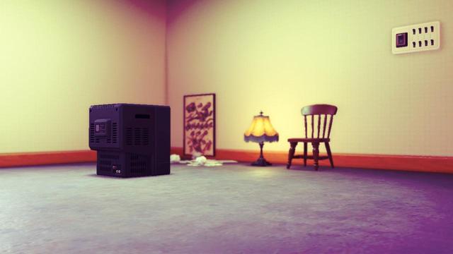 Animal Crossing: New Horizons screenshot. The image is taken low to the ground using the dramatic filter facing a corner. The image shows a white wall with a brown, wooden moulding along the floor with a concrete flooring. In the wide room are a single chair with a lamp and scattered papers next to it. They are facing a thick, CRT television. On the wall, low to the ground on the left is a poster covered in fossils. A switch board is on the wall as well.