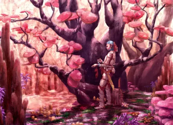 A fantasy illustration showing an elf under a tall tree, taking an antidote in their wrist. They are clad in bone armour and multilayered clothing. The forest looks almost alien in only reds, the trees have fleshy, giant leaves with toxic-looking thorns.