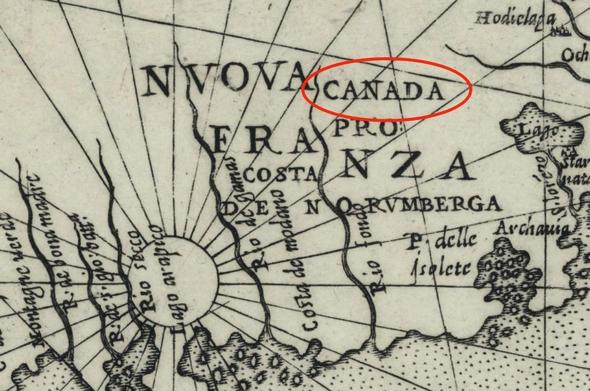 A detail from a 1574 black and white map showing the word Canada.