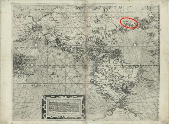 The complete 1574 black and white map of the Americas. There is a red circle around the area where the word Canada appears.