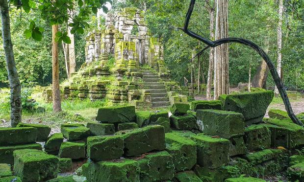 Photo shows the East Top Temple deep in the forest in the old city of Angkor Thom in rainy season. A small temple with a stone wall all covered in green moss makes for high contrast structures and colours. It is a small hindu temple with several images of the Hindu God Vishnu.  In front of the temple is the brown dirt track leading to the temple. In front there are several green moss covered stones from the other buildings and fence once places here.