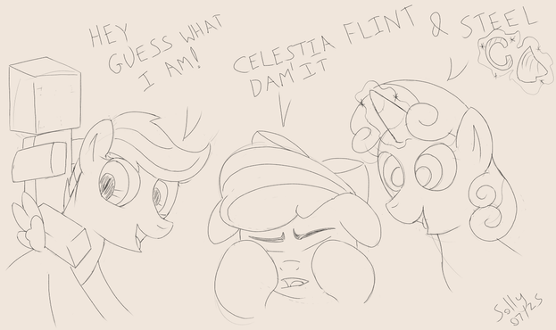 Scootaloo and Sweetie Belle subjecting Apple Bloom to their A Minecraft Movie references