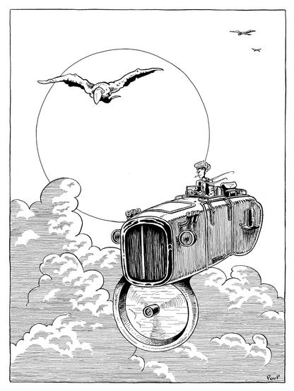 Un homme portant une casquette pilote une étrange machine volante au dessus des nuages. Il est accompagné par une créature volante, mi oiseau mi reptile.

A man wearing a cap pilots a strange flying machine above the clouds. He is accompanied by a flying creature, half bird, half reptile.