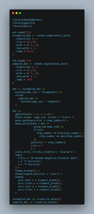 Another new #RandomWalk function for my #R #Package #RandomWalker this time for a #Discrete #Distribution of the Negative Binomial. This is in Dev.

#RandomWalk #Random #R #Rcode #RProgramming #ggplot2 #tidydata