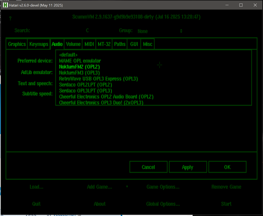 SCUMMVM Atari Falcon Adlib emulation via hardware OPL2/3 driver list. All except MAME were newly added.
