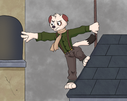 A scarfed ermine with some of his brown fur still present holds onto a pole on a roof, reaching for a window that's across a gap.