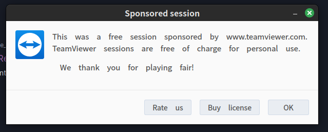 Screenshot of a modal dialogue box generated by TeamViewer running on Linux Mint Debian Edition 6 (Faye). The spacing of the text is all out of whack.