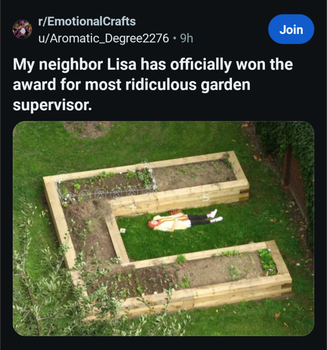 r/EmotionalCrafts u/Aromatic_Degree2276. 9h

Join

My neighbor Lisa has officially won the award for most ridiculous garden supervisor.