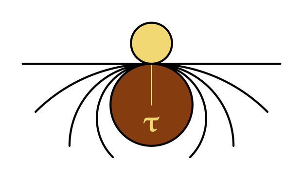 Another tau spider, this one is two coloured circles and three arcs and a segment with the same length, all centered and tangent, and a perpendicular segment with a tau letter below.