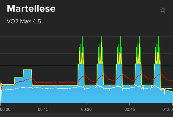 A Screenshot of an indoor training that shows power curves over time, 5 Blocks of max effort at up to 400% over the
