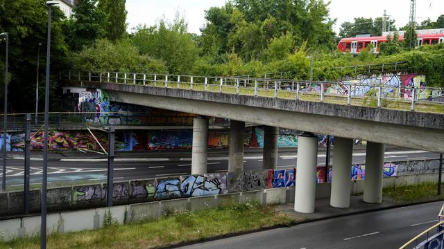 an abandoned concrete bridge over at least two steets that has been overgrown with grass, graffiti line the walls below