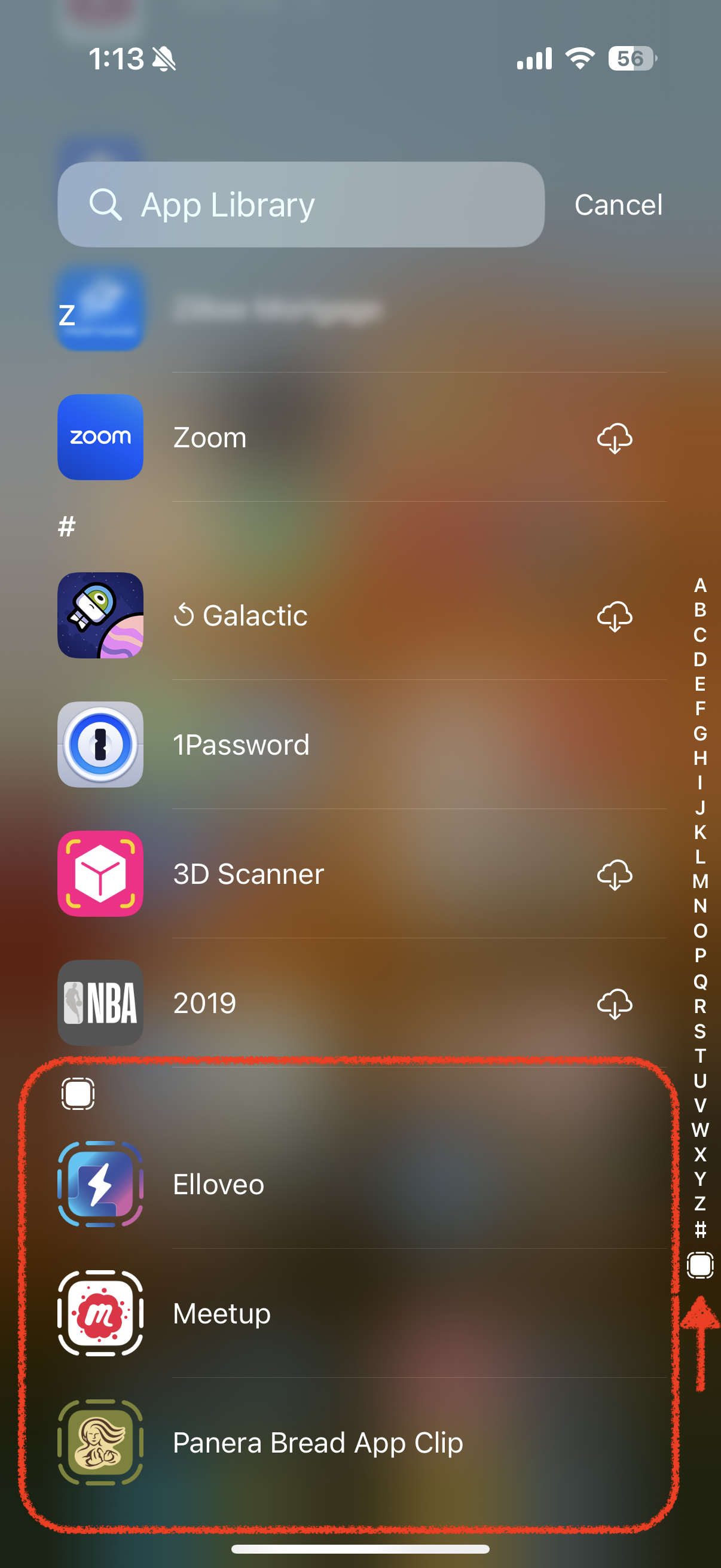 Screenshot of my iOS App Library scrolled all the way to the bottom where the App Clips are stored. The App Clips start with a square icon with a dotted line around. The same icon is at the bottom of the right-side navigation used to jump to different letters in the alphabet.