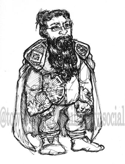 Black and white ink sketch. A male, dark-haired dwarf. He has a long beard with two braids. The rest of his hair has been pulled back into a loose top-bun. He wears spectacles and a cape with heavy shoulder adornments. His long-sleeve shirt is embroidered with gears.
