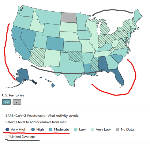 Screen grab of the US Covid wastwater map. In the key, I've underlined the deeper colors in red, then drawn lines near those states on the map: CA, Alaska, then Louisiana, Florida. The deeper colors indicate higher infection rates. The key showing cross hatching I've underlined in grey. On the map much of New England, NE central states are highlighted in grey, then OK and AZ as well. The cross hatching indicates less than five percent responses, so not enough data to trust.