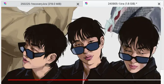 Three portraits of Jinki as he appeared in the Beat Drum music video and previews: in a black jacket and sunglasses with a Youtube scrubber drawn over him.