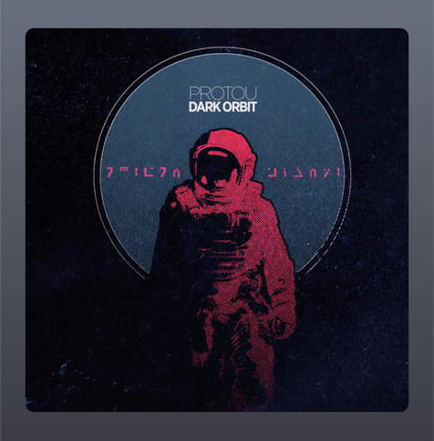 Alt-Text Created with ChatGPT: Album cover for Dark Orbit by protoU. Against a deep navy-blue circle backdrop, a figure in a flowing crimson cloak drifts in space. Their form is ethereal—arms raised, head slightly bowed—as if caught between movement and stillness. Tiny glowing particles swirl around them, hinting at cosmic energy. Above within the circle, the title “DARK ORBIT” appears in minimalist white type. Outside the circle background is black, letting the contrasting red cloak and soft light draw focus. The image exudes a serene, introspective, otherworldly mood.