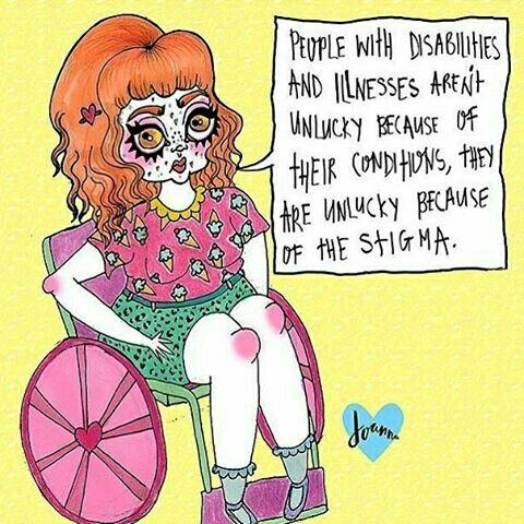 Comic mit gelbem Hintergrund: 
Eine Frau im rosa Rollstuhl, rote Haare im Rockabilly Stil, rosa Shirt und grüner Rock, beides mit Muster, sie ist geschminkt, guckt traurig, daneben der Text:
PEOPLE WITH DISABILITIES AND ILLNESSES AREN'T UNLUCKY BECAUSE OF THEIR CONDITIONS, THEY ARE UNLUCKY BECAUSE OF THE STIGMA.

Joanna