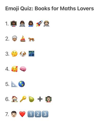 The image has the title Emoji Quiz: Books for Maths Lovers, followed by seven rows each with a series of emojis.
Row 1: Three emojis of black women, one in front of a blackboard, one with a computer, one holding a wrench, followed by a rocket emoji and an astronaut emoji.
Row 2: Emojis of a person wearing a turban, a sailing boat, a tiger.
Row 3: Emojis of a thinking face, a dog, and a city shown at night time.
Row 4: A smiling emoji surrounded by hearts, followed by an emoji of a brain.
Row 5: Emojis of a triangle ruler and a globe.
Row 6: Emojis of a house, a key, and a pear; then a plus sign; and finally an emoji of a man holding a book standing in front of a blackboard.
Row 7: Emojis of a man, a heart, and the numbers 1, 2 and 3.