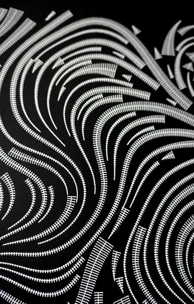 Abstact artwork closup
White lines on black paper. Composition of white ribbons made of stripes following a flow field without intersection