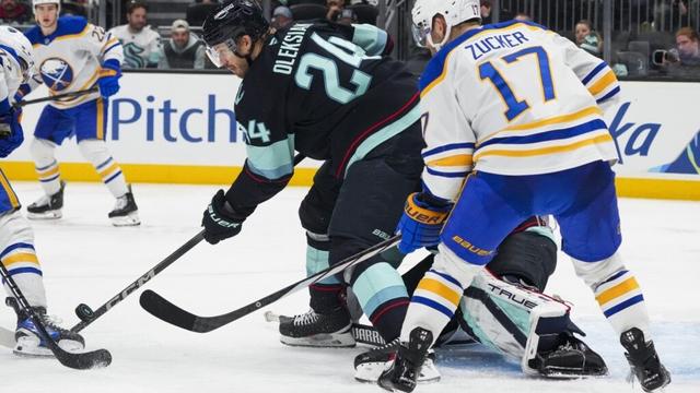 Jamie Oleksiak's goal in 2nd period snaps a tie and sends the Kraken to a 6-4 win over the Sabres