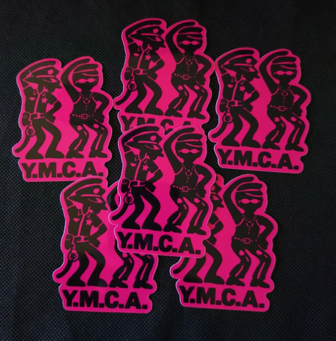Pink & Black stickers with KebabFighter e MidaDj puppets dancing YMCA.