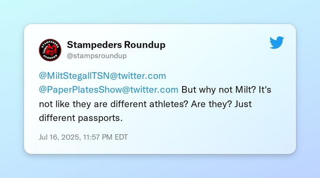 @MiltStegallTSN @PaperPlatesShow But why not Milt? It's not like they are different athletes? Are they? Just different passports.