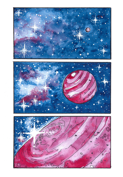 A page of a hand drawn watercolor panels showing a galaxy scene. green blue space with a purple-red nebula. A planet in red and purple comes closer in every panel.