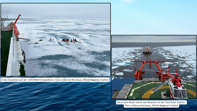 Foto links: Erste Eisstation auf der CONTRASTS-Expedition.
Foto rechts: Die ersten Meter durch das Eis mit der Polarstern und der Tara Polar Station.