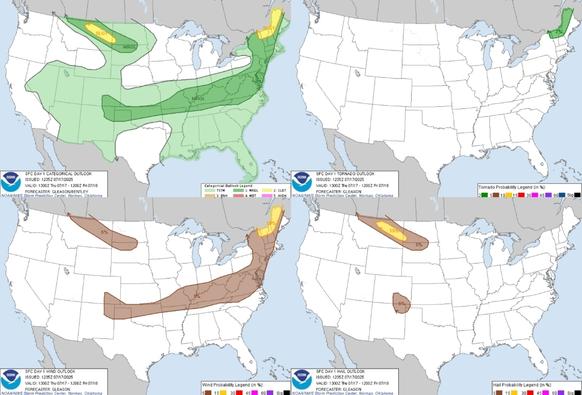 Scattered damaging winds and a brief tornado are possible across northern New England this afternoon. Isolated/sporadic damaging winds may also occur across a broad swath of the Northeast/Mid-Atlantic to the southern High Plains. A confined corridor of large hail and severe gusts appears possible from north-central Montana to southwest North Dakota this evening. #WeatherAwareDay #weather #wx #SPC #TheOutpost #SevereWeather 
Heavy Rainfall Along the Central Gulf Coast; Thunderstorms from the Plains to the Central Appalachians; Heat Across the East
A system in the Gulf could produce heavy rainfall and flash flooding for portions of the north-central Gulf Coast into Saturday. Widespread showers and thunderstorms are likely this afternoon into Friday from Central Plains into the mid-Mississippi Valley, Ohio Valley and Central Appalachians. Dangerous heat is expected from the Lower Mississippi Valley to the Mid-Atlantic today