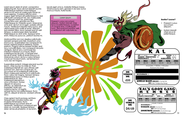 A two page spread of a book. The left page is mainly filled with text (all lorem ipsum text as filler text). The right page has rectangles filled with game stats for some non playable characters in the story. The center of the spread has a young pink horned girl with blue energy hands coming out of her real hands about to attack a red horned woman with a sword and shield. An explosion of green and orange shapes is between them.