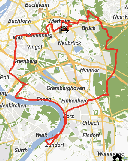 Meine heutige Tour von 41 Km in rot auf einer Strassenkarte eingetragen.