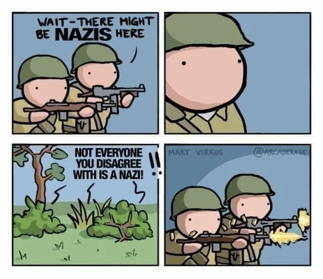 Comic by Mart Virkus @arcaderage, but I don't think it's the original text? It looks altered. Two soldiers with guns. one says "wait there might be Nazis here"  They wait. A voice from the bushes says "not everyone you disagree with is a Nazi!"  the soldiers start open firing