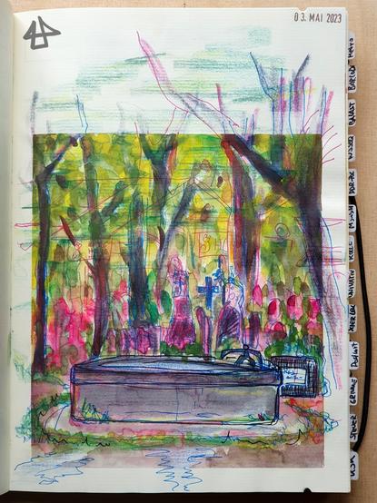 Aquarellierte Finelinerzeichnung: Giesskannenbrunnen in einem Friedhof, dahinter begrünte Bäume und Gräber in leuchtend bunten Farben. 3. Mai 2023