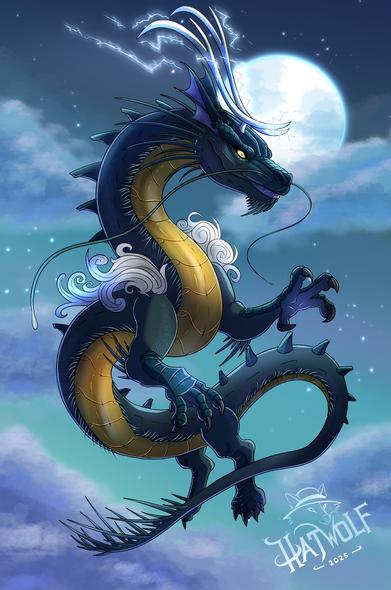 A majestic, serpentine eastern dragon with dark blue and golden scales floats gracefully through a night sky. The dragon has long, flowing whiskers, white glowing antler-like horns, and sharp claws. Wisps of cloud swirl around its limbs as lightning arcs from its horns. Behind it, a bright full moon illuminates the sky, casting a soft glow on the clouds. The atmosphere is mystical and powerful, with a sense of awe and ancient energy. The artist's signature, “Hatwolf 2025,” is visible in the bottom right corner.